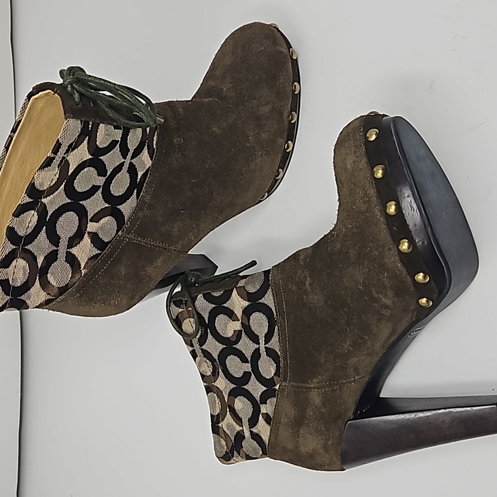 Coach Ediva Leather Stud Canvas Drawstring Ankle Boots Size 6
